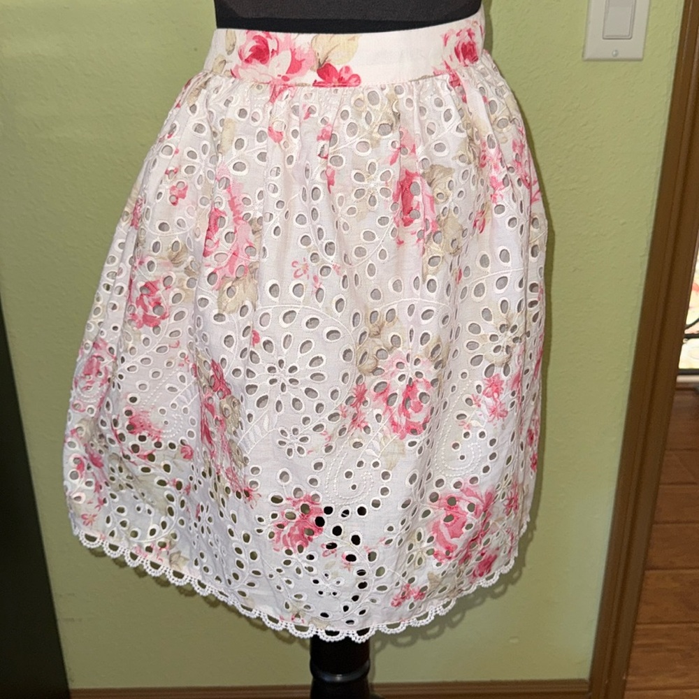 Aqua Cream Floral Embroidered Skater Mini Skirt